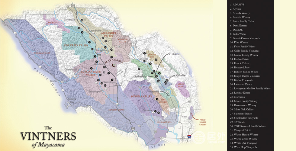 Mayacama处于全球知名的葡萄酒产地——纳帕谷-索诺玛地区，其周边35家优质酒庄已获得酒商会员身份，致力于提供最好的佳酿。